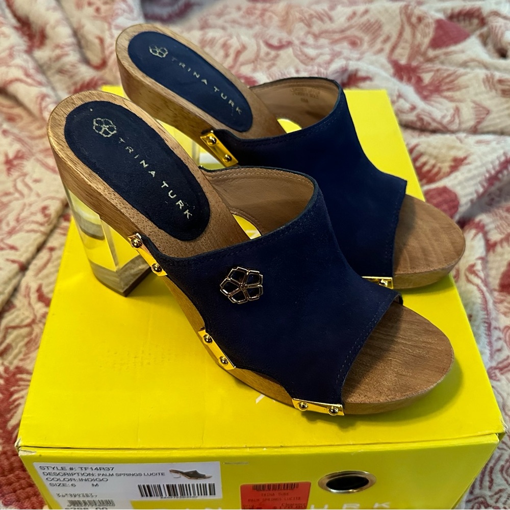 NIB Trina Turk Palm Springs Lucite Heel in Navy/Indigo Suede, Sz 6